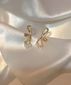 Trendy Silver Needle Bow Pearl Stud Earrings - High-End 2025 Fashion, Internet Celebrity Style Women's Accessories