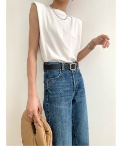 Trendy Sleeveless White Top with Straight Shoulder Pads, Flutter Sleeves, and Loose Round Neck - European American Style for Women
