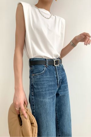 Trendy Sleeveless White Top with Straight Shoulder Pads, Flutter Sleeves, and Loose Round Neck - European American Style for Women