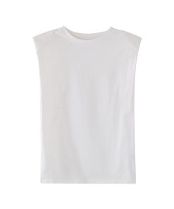 Trendy Sleeveless White Top with Straight Shoulder Pads, Flutter Sleeves, and Loose Round Neck - European American Style for Women