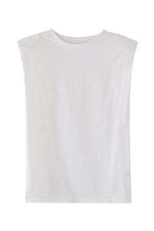 Trendy Sleeveless White Top with Straight Shoulder Pads, Flutter Sleeves, and Loose Round Neck - European American Style for Women