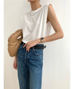 Trendy Sleeveless White Top with Straight Shoulder Pads, Flutter Sleeves, and Loose Round Neck - European American Style for Women