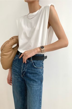 Trendy Sleeveless White Top with Straight Shoulder Pads, Flutter Sleeves, and Loose Round Neck - European American Style for Women