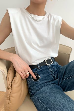 Trendy Sleeveless White Top with Straight Shoulder Pads, Flutter Sleeves, and Loose Round Neck - European American Style for Women