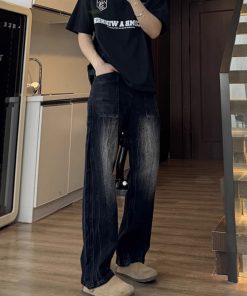 Trendy Slim-Fit Cracked Denim Pants for Men, Water-Washed, Slightly Flared, American High Street Style