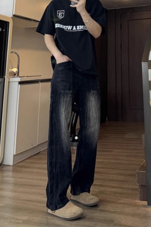 Trendy Slim-Fit Cracked Denim Pants for Men, Water-Washed, Slightly Flared, American High Street Style