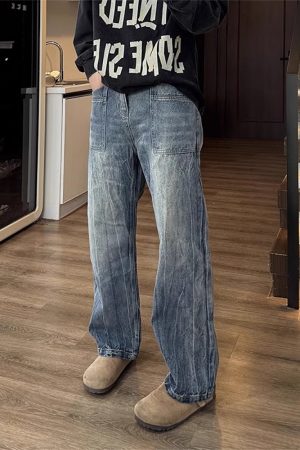 Trendy Slim-Fit Cracked Denim Pants for Men, Water-Washed, Slightly Flared, American High Street Style