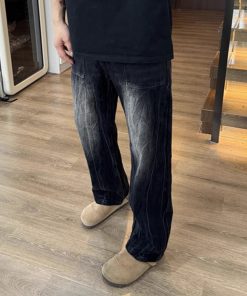 Trendy Slim-Fit Cracked Denim Pants for Men, Water-Washed, Slightly Flared, American High Street Style