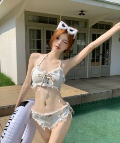 Trendy Slim-Fit Denim Bikini Two-Piece Swimsuit for Women - Sexy Instagram Style Vacation Swimwear