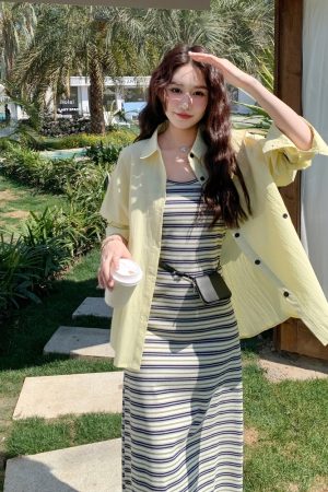 Trendy Striped Camisole Dress Shirt Set for May Day Travel - Stylish Summer Outfit for 90s and Y2K Fashion Lovers