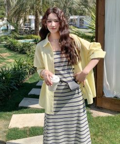 Trendy Striped Camisole Dress Shirt Set for May Day Travel - Stylish Summer Outfit for 90s and Y2K Fashion Lovers