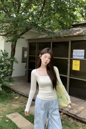 Trendy Striped Wide-Leg Pants with Bow Tie for Women - Casual Low-Waist Drawstring Long Trousers for Spring and Summer Fashion