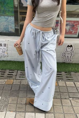 Trendy Striped Wide-Leg Pants with Bow Tie for Women - Casual Low-Waist Drawstring Long Trousers for Spring and Summer Fashion