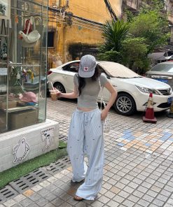 Trendy Striped Wide-Leg Pants with Bow Tie for Women - Casual Low-Waist Drawstring Long Trousers for Spring and Summer Fashion