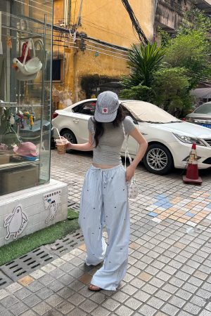 Trendy Striped Wide-Leg Pants with Bow Tie for Women - Casual Low-Waist Drawstring Long Trousers for Spring and Summer Fashion