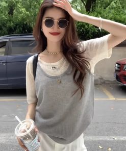 Trendy Summer 2025 Women's Two-Piece Short Sleeve Knitted Top - Stylish Knit Set for Warm Weather Outfits
