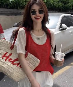 Trendy Summer 2025 Women's Two-Piece Short Sleeve Knitted Top - Stylish Knit Set for Warm Weather Outfits