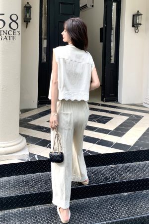 Trendy Summer May Day OOTD Outfit Set - High-End Beige and Apricot Suit Vest with Wide-Leg Pants for a Chic Look