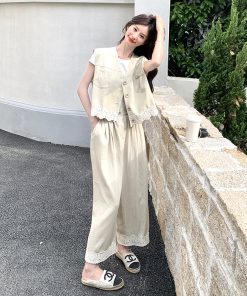 Trendy Summer May Day OOTD Outfit Set - High-End Beige and Apricot Suit Vest with Wide-Leg Pants for a Chic Look