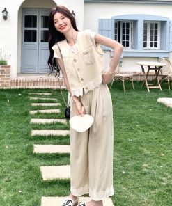 Trendy Summer May Day OOTD Outfit Set - High-End Beige and Apricot Suit Vest with Wide-Leg Pants for a Chic Look