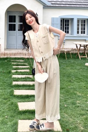 Trendy Summer May Day OOTD Outfit Set - High-End Beige and Apricot Suit Vest with Wide-Leg Pants for a Chic Look