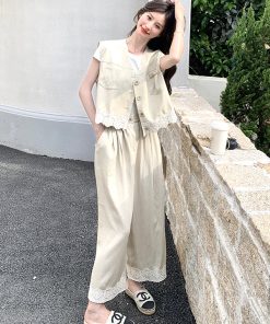 Trendy Summer May Day OOTD Outfit Set - High-End Beige and Apricot Suit Vest with Wide-Leg Pants for a Chic Look