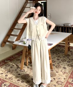 Trendy Summer May Day OOTD Outfit Set - High-End Beige and Apricot Suit Vest with Wide-Leg Pants for a Chic Look