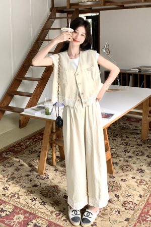 Trendy Summer May Day OOTD Outfit Set - High-End Beige and Apricot Suit Vest with Wide-Leg Pants for a Chic Look