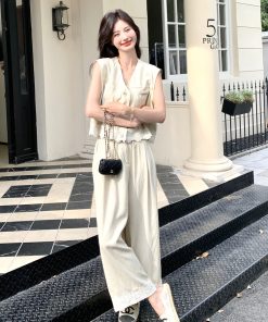 Trendy Summer May Day OOTD Outfit Set - High-End Beige and Apricot Suit Vest with Wide-Leg Pants for a Chic Look