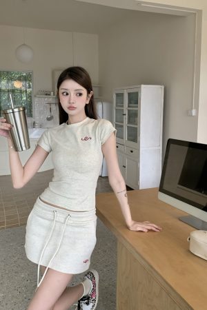 Trendy Summer Slim-Fit Short Sleeve T-Shirt Set with Low-Waist Style - Perfect for Y2K and Casual Outfits