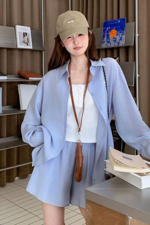 Trendy Summer Three-Piece Set: Age-Reducing Blue Shirt and Shorts for College Style OOTD Casual Look