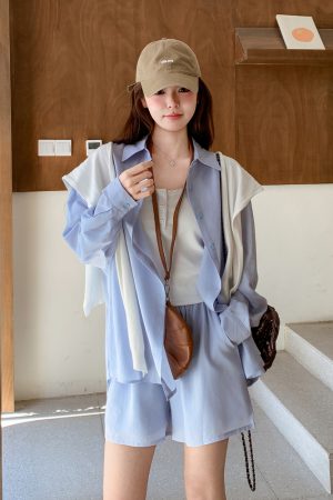 Trendy Summer Three-Piece Set: Age-Reducing Blue Shirt and Shorts for College Style OOTD Casual Look