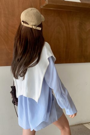 Trendy Summer Three-Piece Set: Age-Reducing Blue Shirt and Shorts for College Style OOTD Casual Look