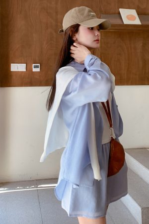 Trendy Summer Three-Piece Set: Age-Reducing Blue Shirt and Shorts for College Style OOTD Casual Look