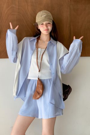 Trendy Summer Three-Piece Set: Age-Reducing Blue Shirt and Shorts for College Style OOTD Casual Look