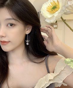 Trendy Sweet Bow Zircon Ball Earrings for Women, Elegant Lightweight Long Ear Clips, 2025 Fashion Statement Jewelry