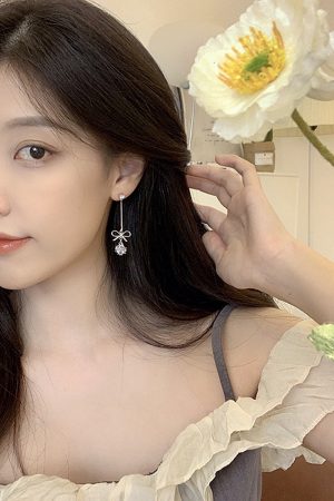 Trendy Sweet Bow Zircon Ball Earrings for Women, Elegant Lightweight Long Ear Clips, 2025 Fashion Statement Jewelry