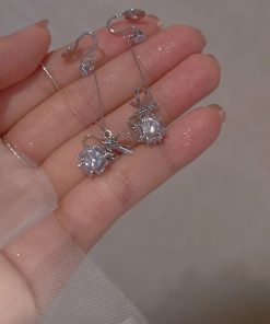 Trendy Sweet Bow Zircon Ball Earrings for Women, Elegant Lightweight Long Ear Clips, 2025 Fashion Statement Jewelry