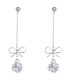 Trendy Sweet Bow Zircon Ball Earrings for Women, Elegant Lightweight Long Ear Clips, 2025 Fashion Statement Jewelry