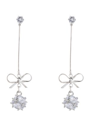 Trendy Sweet Bow Zircon Ball Earrings for Women, Elegant Lightweight Long Ear Clips, 2025 Fashion Statement Jewelry
