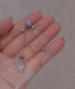 Trendy Sweet Bow Zircon Ball Earrings for Women, Elegant Lightweight Long Ear Clips, 2025 Fashion Statement Jewelry