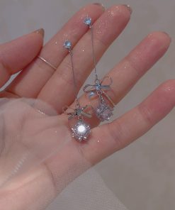 Trendy Sweet Bow Zircon Ball Earrings for Women, Elegant Lightweight Long Ear Clips, 2025 Fashion Statement Jewelry