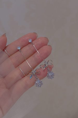 Trendy Sweet Bow Zircon Ball Earrings for Women, Elegant Lightweight Long Ear Clips, 2025 Fashion Statement Jewelry