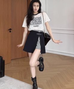 Trendy Two-Piece Dress Set - Short Sleeve T-Shirt and Stylish Skirt for Plus Size Women - Summer Outfit with Age-Reducing Design