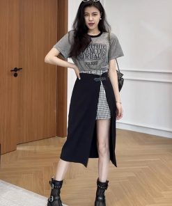 Trendy Two-Piece Dress Set - Short Sleeve T-Shirt and Stylish Skirt for Plus Size Women - Summer Outfit with Age-Reducing Design