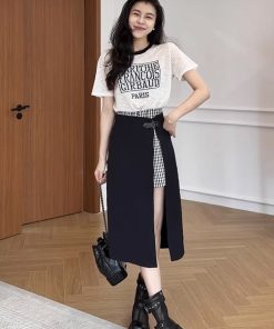 Trendy Two-Piece Dress Set - Short Sleeve T-Shirt and Stylish Skirt for Plus Size Women - Summer Outfit with Age-Reducing Design