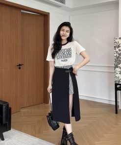 Trendy Two-Piece Dress Set - Short Sleeve T-Shirt and Stylish Skirt for Plus Size Women - Summer Outfit with Age-Reducing Design