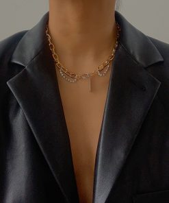 Trendy Two-Tone Gold and Silver Clavicle Chain Necklace with Diamond-Inlaid Metal and Pearl Accents