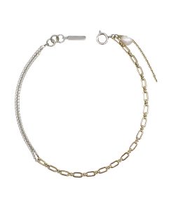 Trendy Two-Tone Gold and Silver Clavicle Chain Necklace with Diamond-Inlaid Metal and Pearl Accents