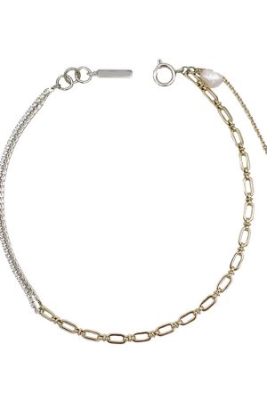 Trendy Two-Tone Gold and Silver Clavicle Chain Necklace with Diamond-Inlaid Metal and Pearl Accents